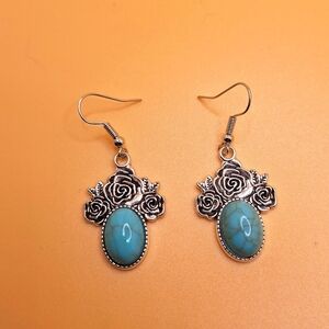 Floral rose earring minimalist earrings simulated turquoise center Costume jewe…